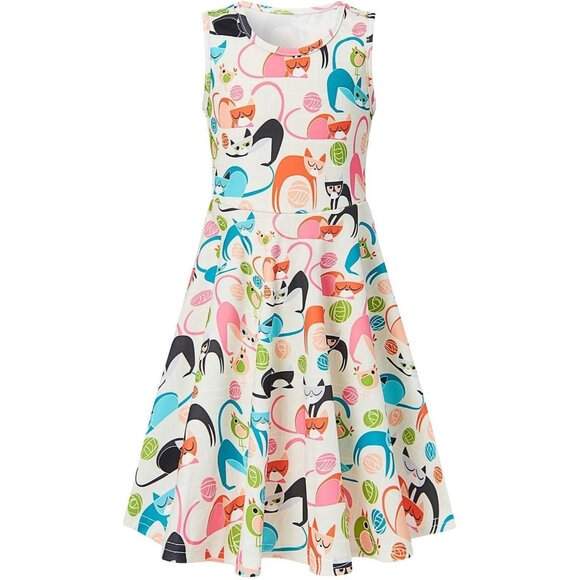 Retro Girls Cat Print Dress Size L 10 Girls Sleeveless Fit & Flare 1960s Print - Picture 1 of 9